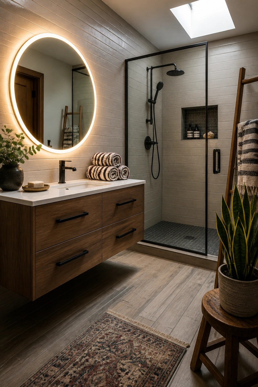 Modern bathroom with wooden vanity, backlit round mirror, and glass shower.