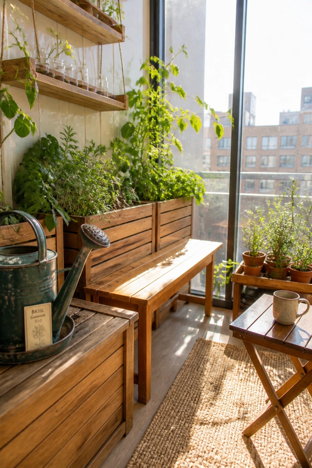 A wooden bench and planters sit on a sunny balcony next to large glass doors, with a small wooden table and watering can nearby.