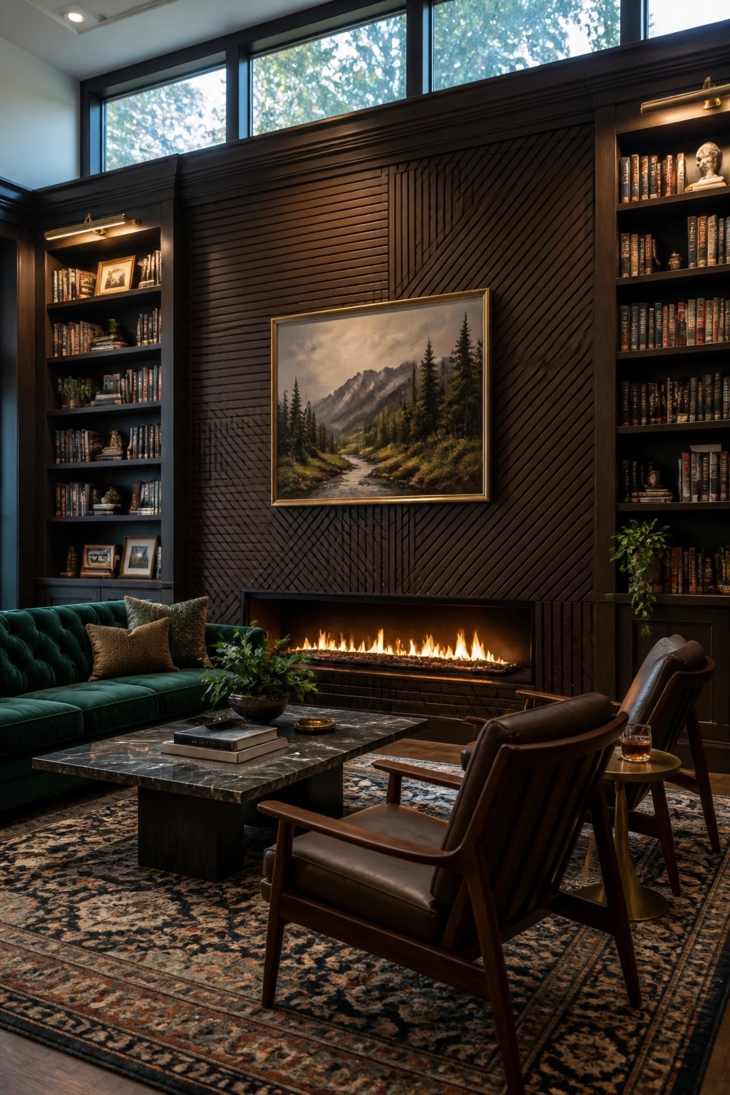 A living room with a fireplace set into a dark wood wall featuring diagonal textured paneling and a landscape painting above the firebox, flanked by built-in bookshelves.