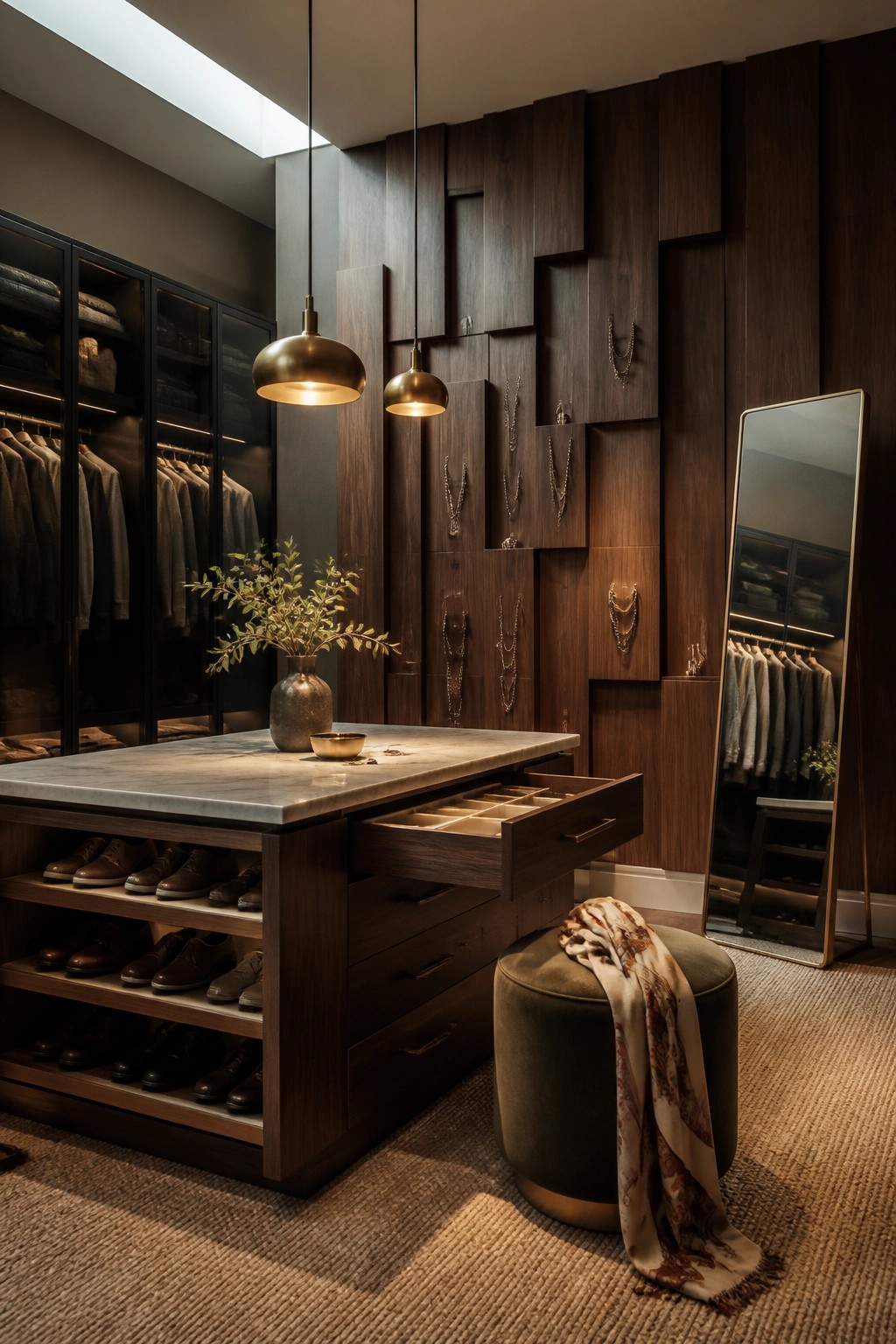 Interior view of a walk-in closet with dark geometric 3D wood wall panels, a marble island with open jewelry drawers, shoe shelving, hanging clothes, and a full-length mirror.