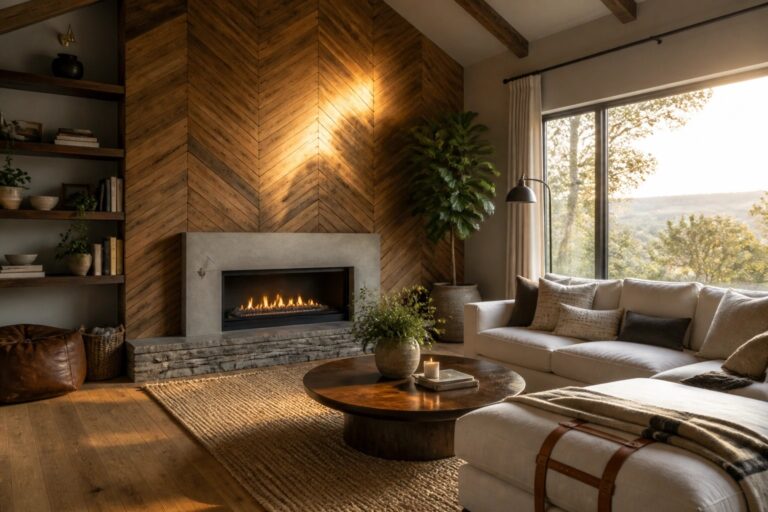 21 Textured 3D Wood Wall Ideas to Make Large Rooms Feel Finished A living room with a tall herringbone wood accent wall above a concrete fireplace, a round wooden coffee table, and white sofas near large windows.