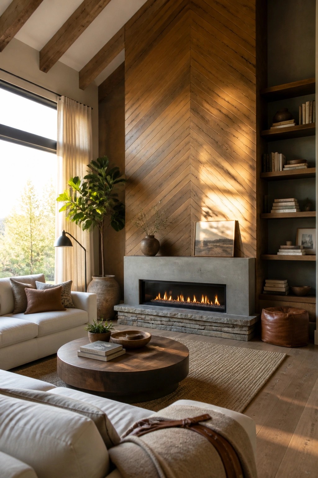 A living room with a tall herringbone wood accent wall above a concrete fireplace, a round wooden coffee table, and white sofas near large windows.