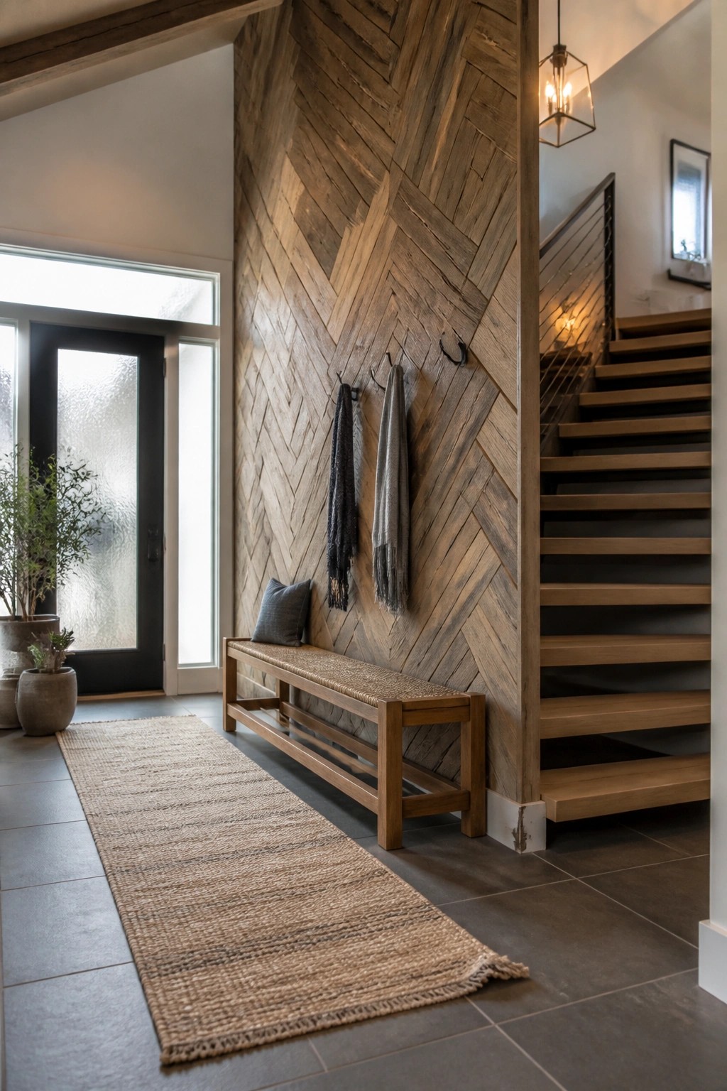 A tall herringbone wood accent wall in a home entryway beside a staircase, with a wooden bench and hanging scarves.