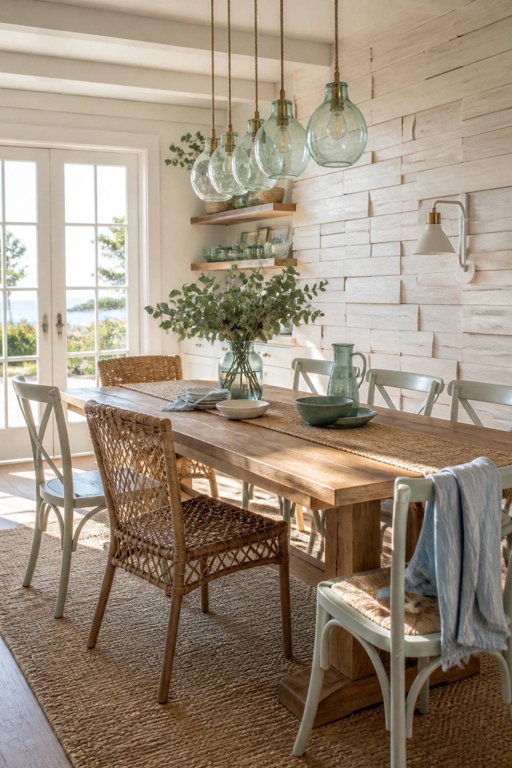 A dining room with a long wooden table, mixed chairs, and a large white textured wood plank accent wall with horizontal layers.