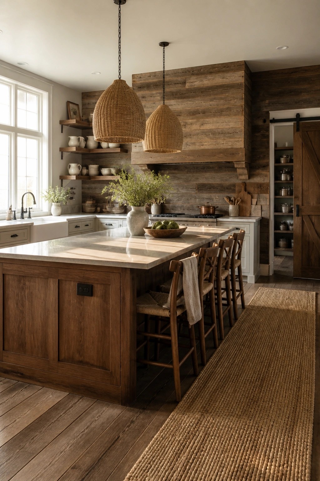 A spacious kitchen featuring a large wooden island with woven bar stools, two woven pendant lights, and a prominent horizontal wood plank accent wall above the range.