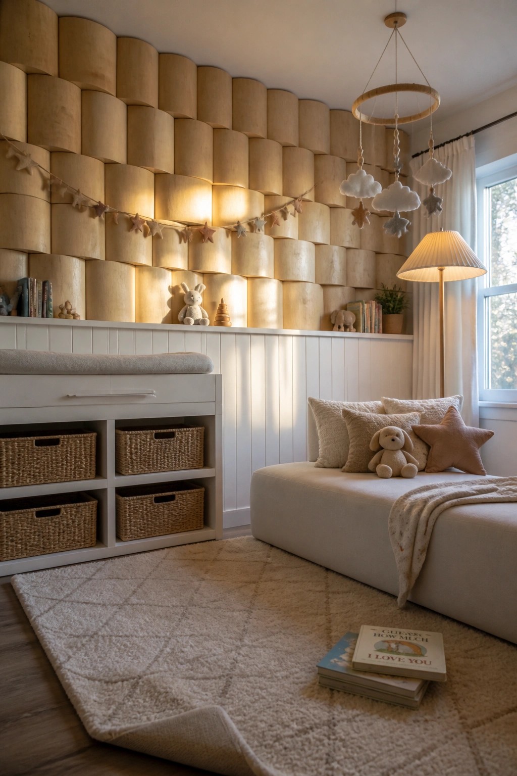 A room interior with a large wall covered in light wood cylindrical panels arranged in rows, white wainscoting below, a storage unit with woven baskets on the left, and a daybed with pillows on the right.