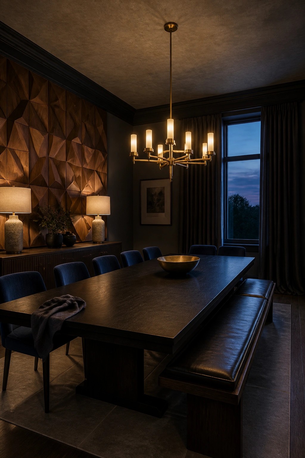 A dimly lit dining room featuring a long dark wood table, blue upholstered chairs, a leather bench, a brass chandelier, and a large geometric 3D wood wall panel on the left side.