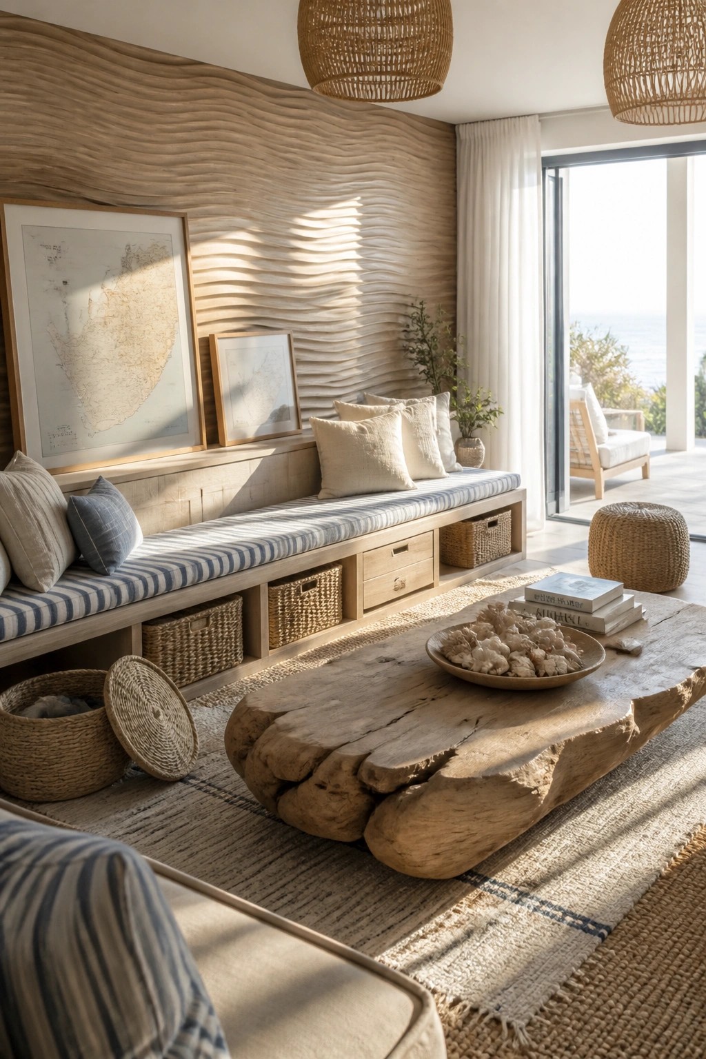 Living room interior with a large textured wavy wood accent wall behind a built-in bench with striped cushions and woven baskets, a live-edge wood coffee table on a rug, and framed maps on the wall.