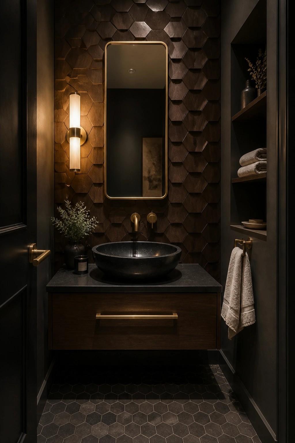 A bathroom with a floating wood vanity, black stone sink, and gold-framed mirror set against a dark raised hexagonal wood wall.