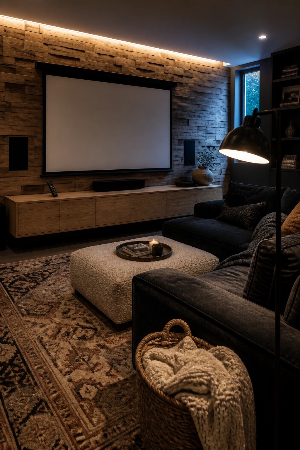A living room featuring a large screen on a textured horizontal wood accent wall above a low wooden media console, with dark sofas and a woven ottoman in the foreground.