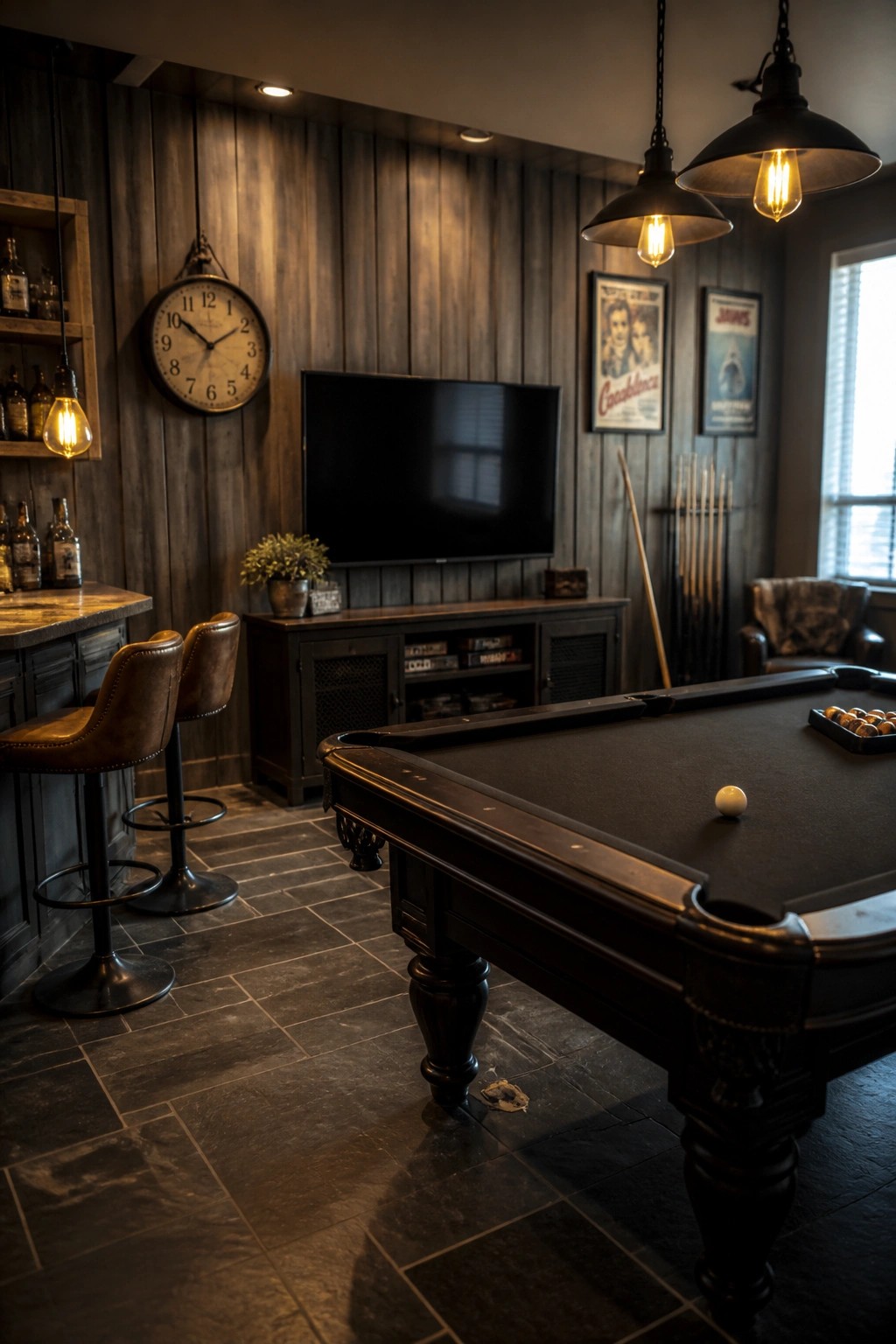 A game room with vertical dark wood plank walls, a pool table, bar stools, and a large television on a media console.