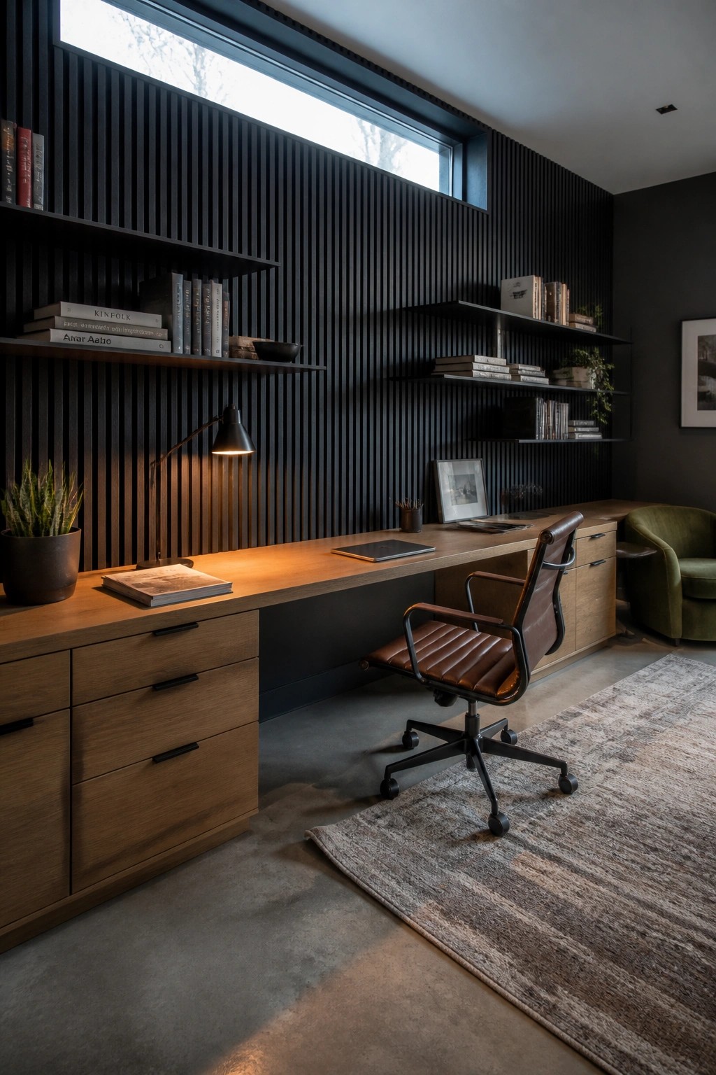 A home office with a long wooden desk, floating shelves, and a dark vertical wood slat wall behind it, plus a brown leather office chair on a rug.