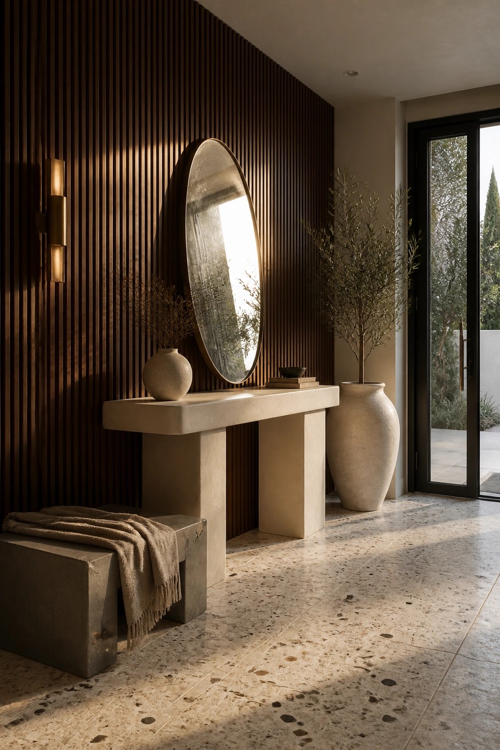 An interior scene showing a vertical wood slat accent wall behind a stone console table with a round mirror, a small bench, and a large floor vase.