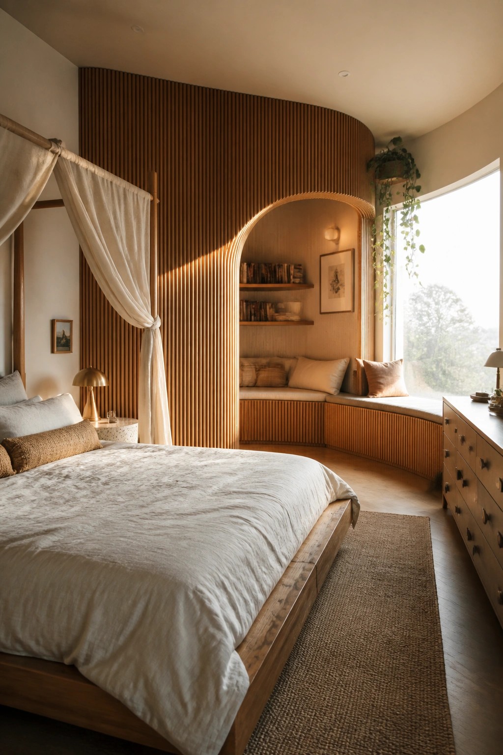 A bedroom featuring a tall curved wall of vertical wood slats with an arched opening that leads to a built-in window seat and shelves.
