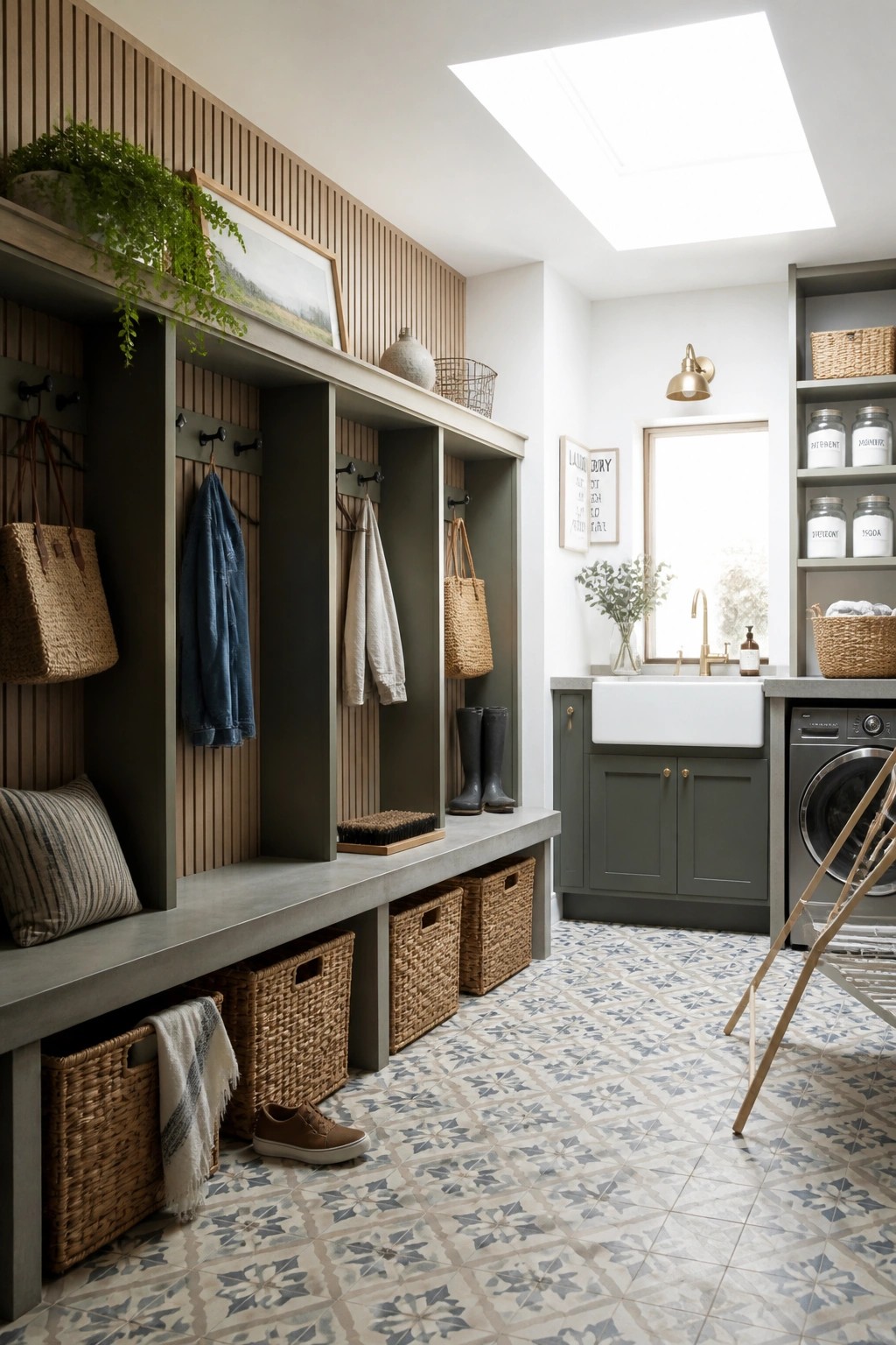 A mudroom with vertical wood slat walls, built-in cubbies holding bags and boots, a concrete bench, woven baskets below, and a sink area with a washing machine to the right.