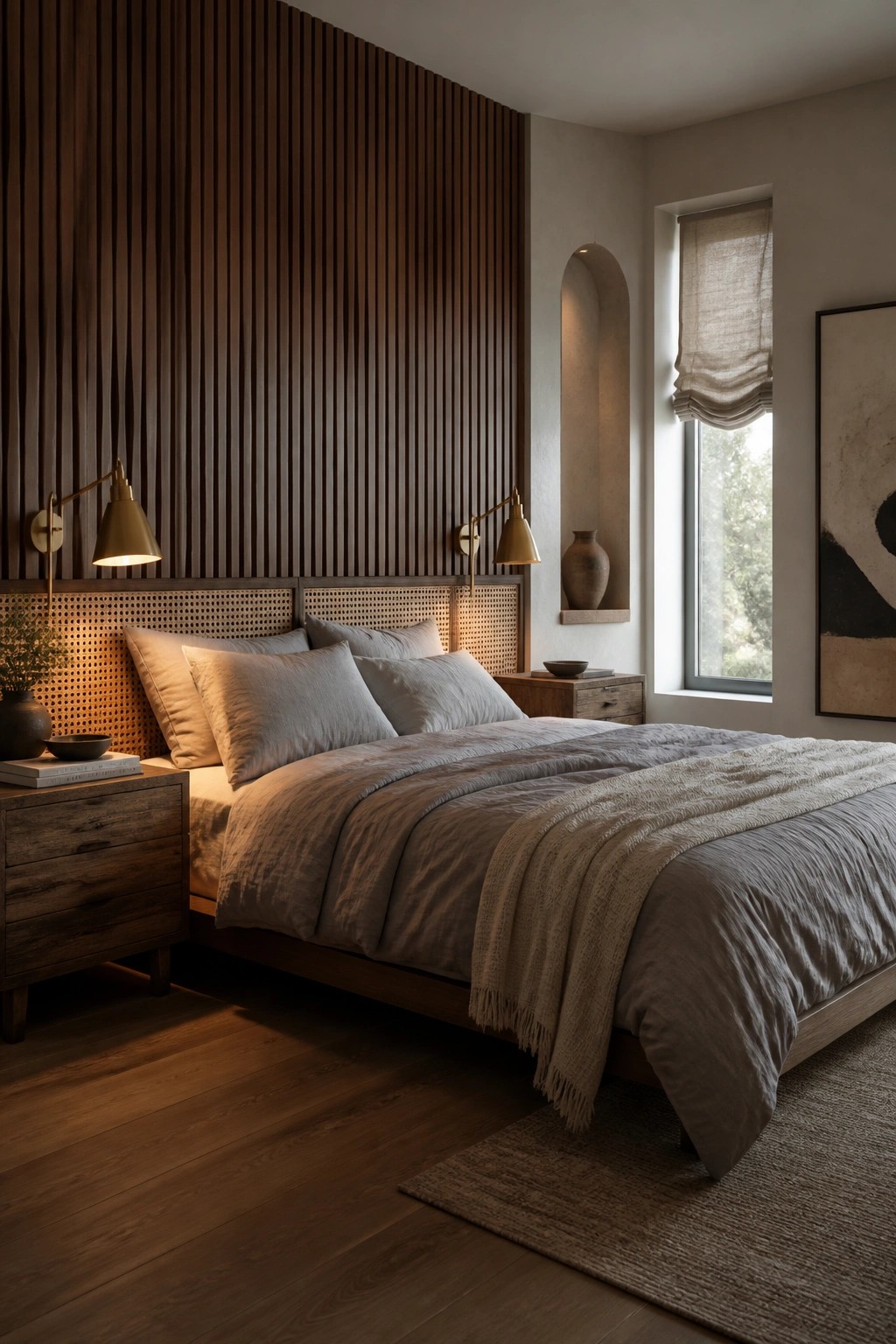 A bedroom with a bed against a vertical wood slat wall, two brass sconces mounted on the slats, and a window with a rolled linen shade on the right.