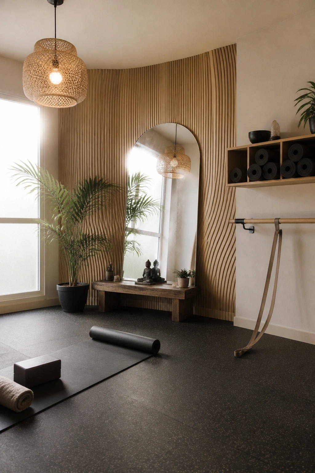 A yoga studio featuring tall vertical wood wall panels with a ribbed texture, an arched mirror, and yoga mats on a dark floor.