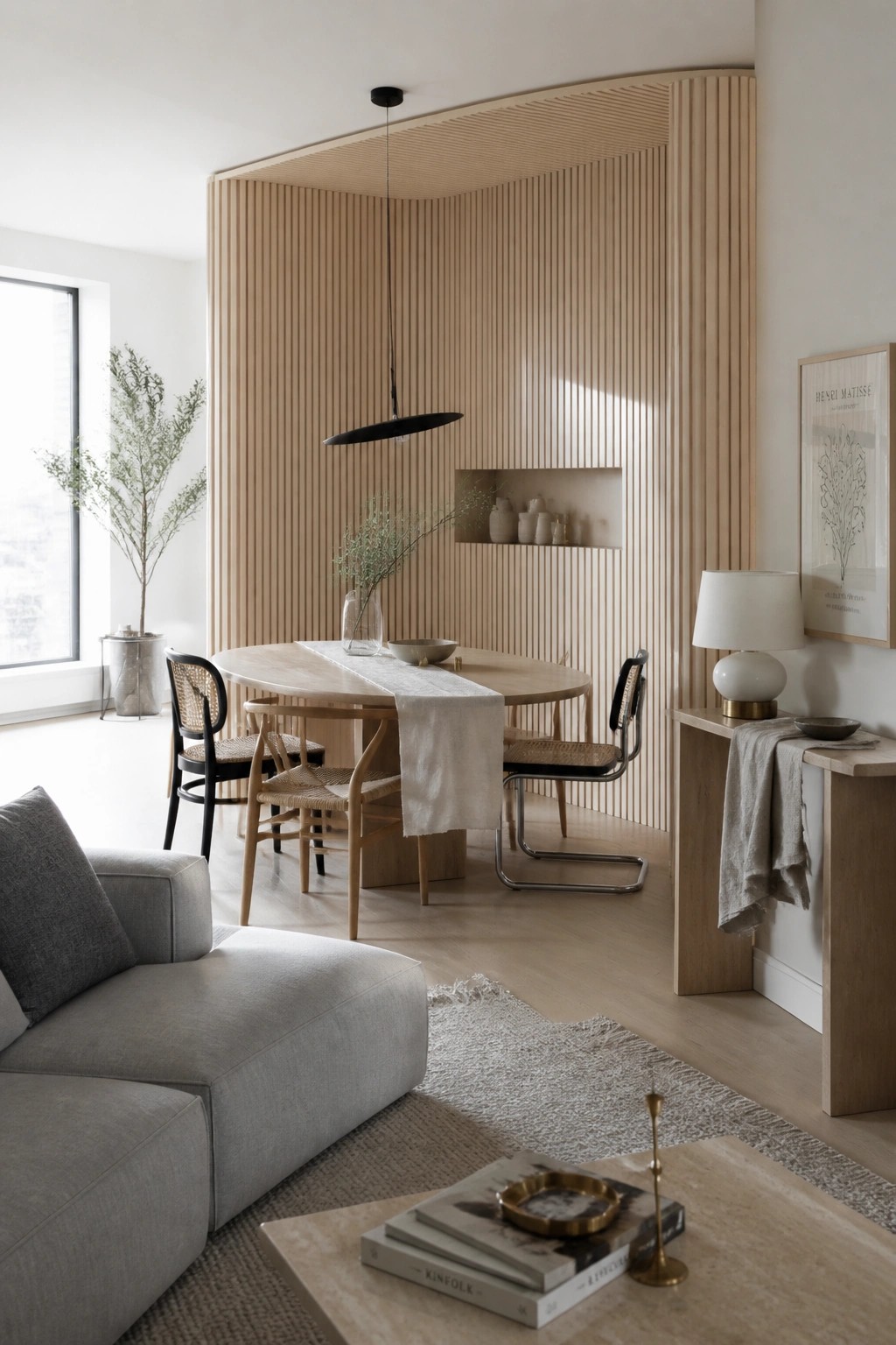 A dining space with a large curved wall covered in vertical light wood slats, a round wooden table, woven chairs, and a gray sectional sofa in the foreground.