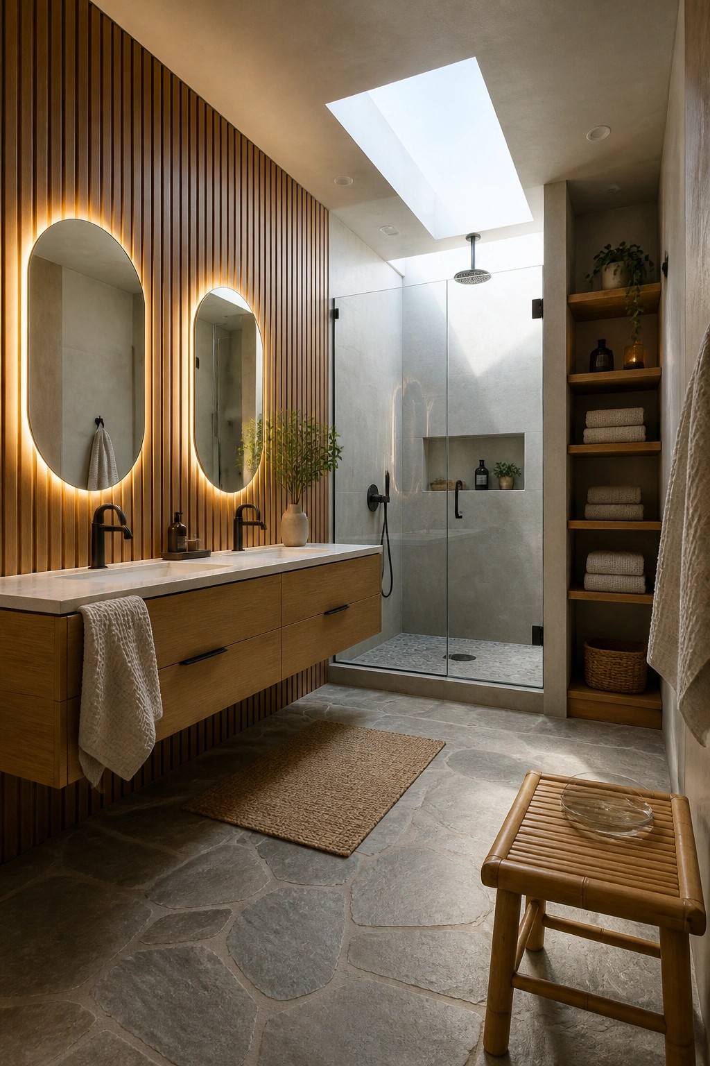 A modern bathroom features a long floating wood vanity beneath two oval backlit mirrors mounted on a vertical wood slat wall, with a glass shower enclosure and stone tile floor visible.