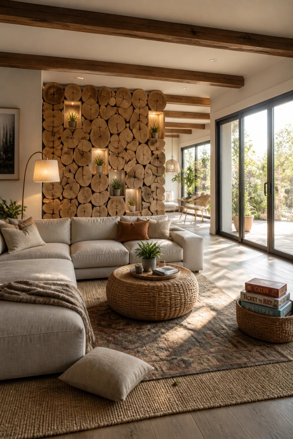 A living room with a large accent wall made of circular wood log slices, recessed shelves with plants, a light gray sectional sofa, and a woven round coffee table on a patterned rug.