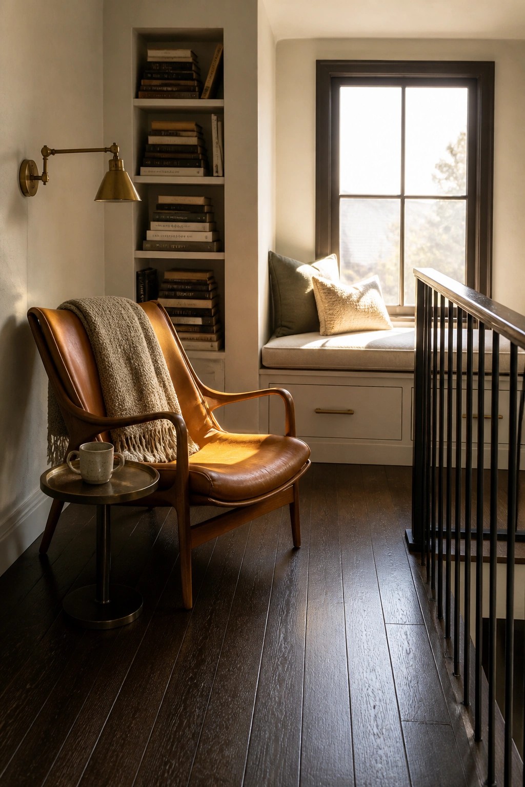 Sunlit nook with brown leather armchair, brass lamp, bookshelves, and window seat.