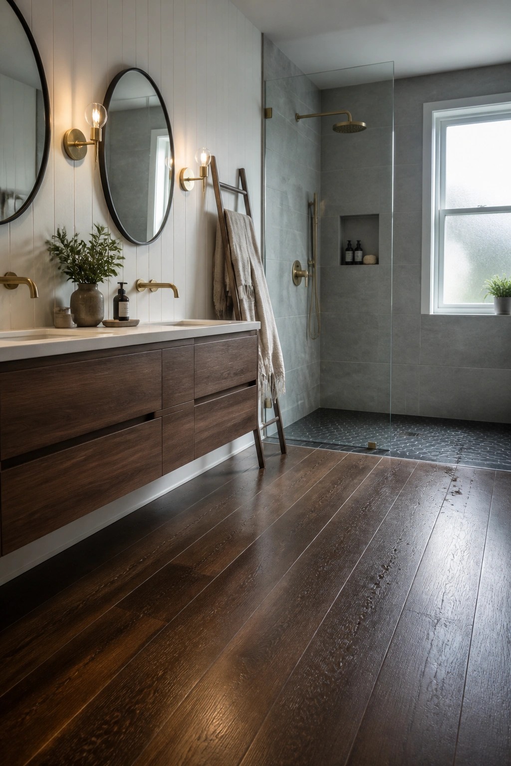 A bathroom interior featuring dark hardwood flooring, a floating dark wood vanity with white countertop, round mirrors on white walls, and a glass shower with gray tile walls.