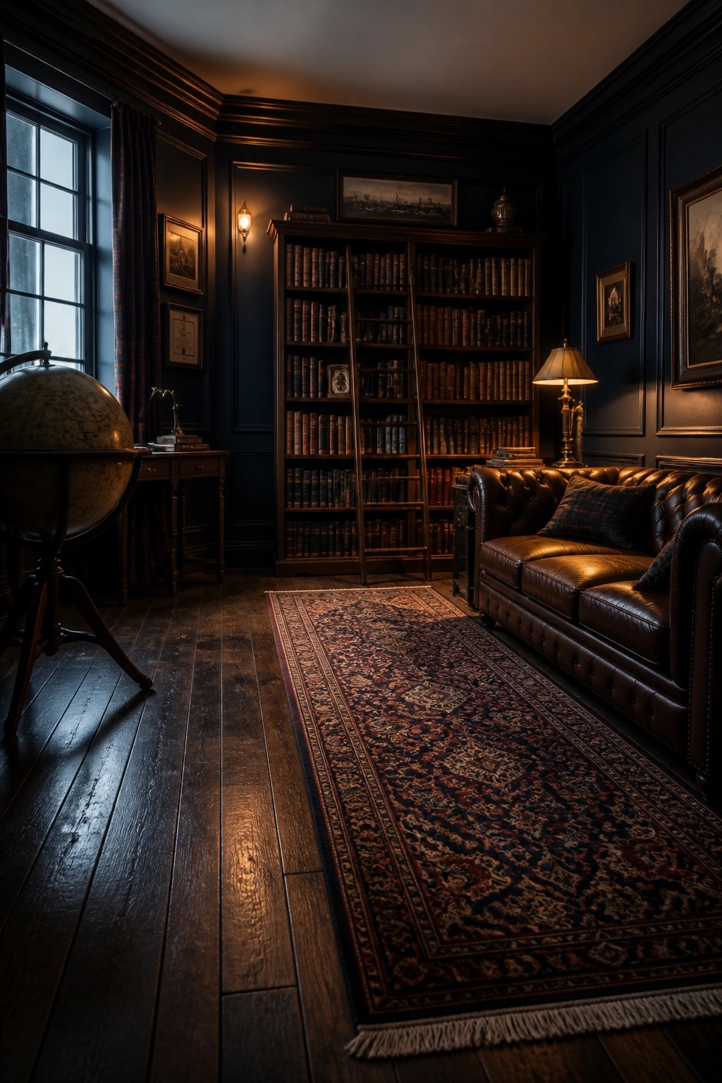 Luxurious dark library with leather sofa, bookshelves, globe, and ornate rug on wood floor