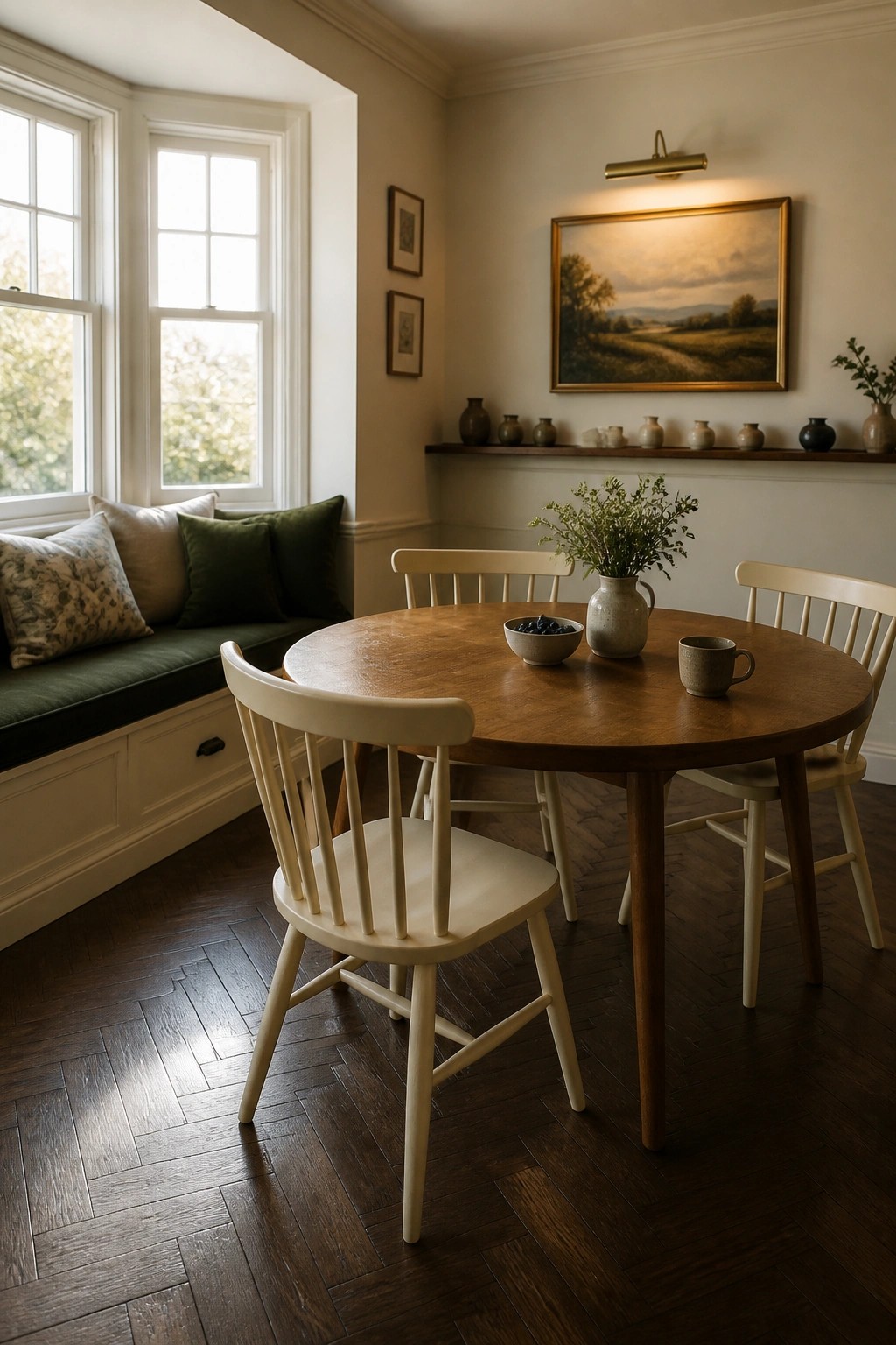 A round wooden dining table with white spindle-back chairs sits on dark herringbone hardwood flooring inside a room with white walls, a window seat, and framed art.