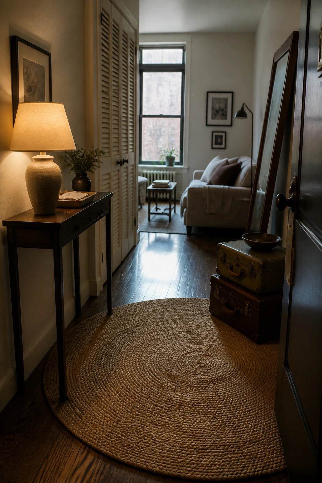 A narrow interior hallway with dark hardwood flooring and a round woven rug, viewed from the entry toward a living room with a window at the far end.