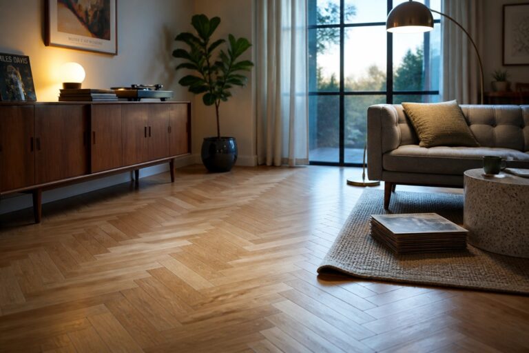 21 Timeless Hardwood Flooring Ideas That Stay Stylish Through Every Remodel A living room featuring light herringbone hardwood flooring, a gray sofa on a rug, a large potted plant near tall windows, and a wooden sideboard against the wall.