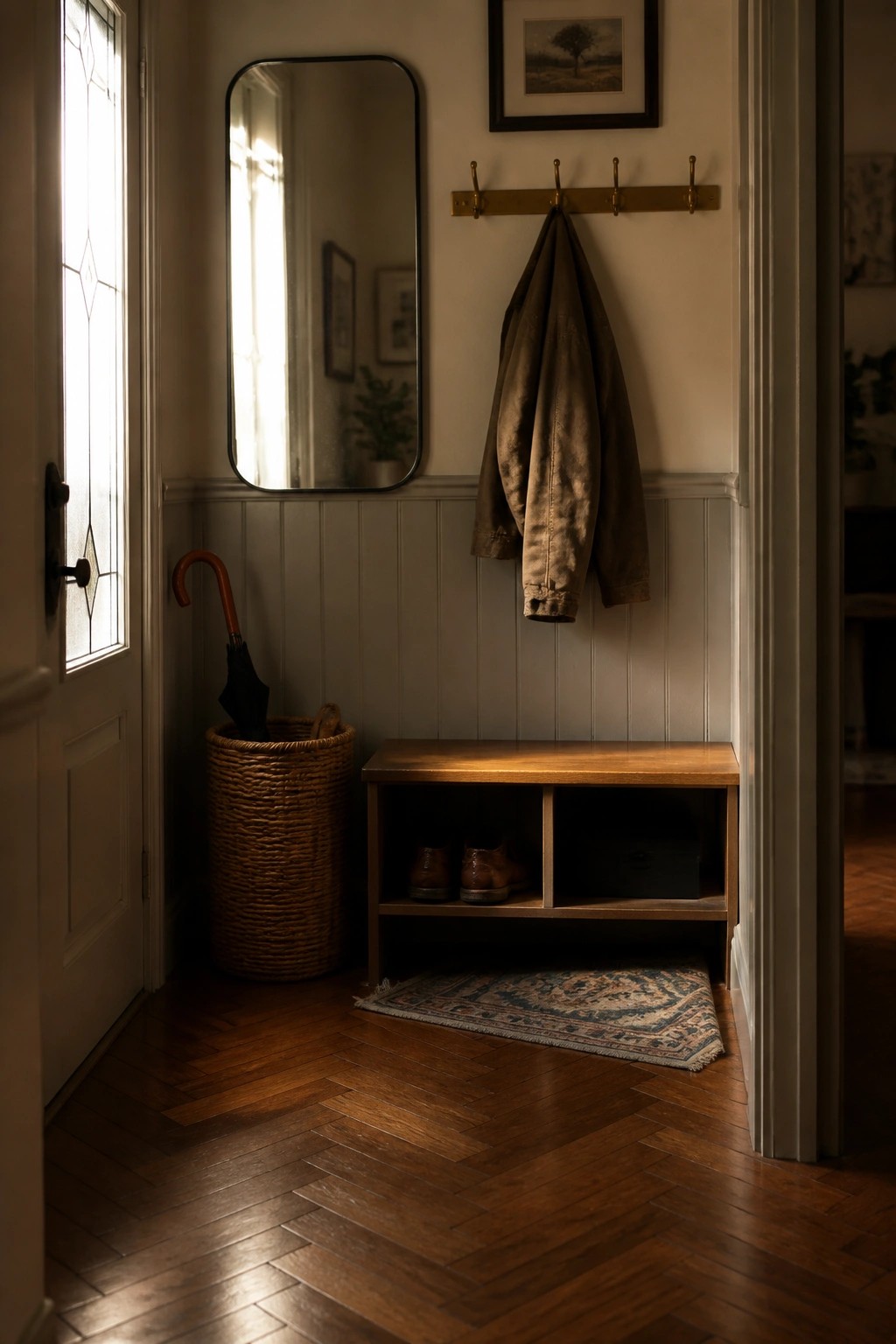 An interior entryway featuring herringbone hardwood flooring, a low wooden bench with shoes stored below it, a woven basket holding an umbrella, and a jacket hanging from a wall hook.