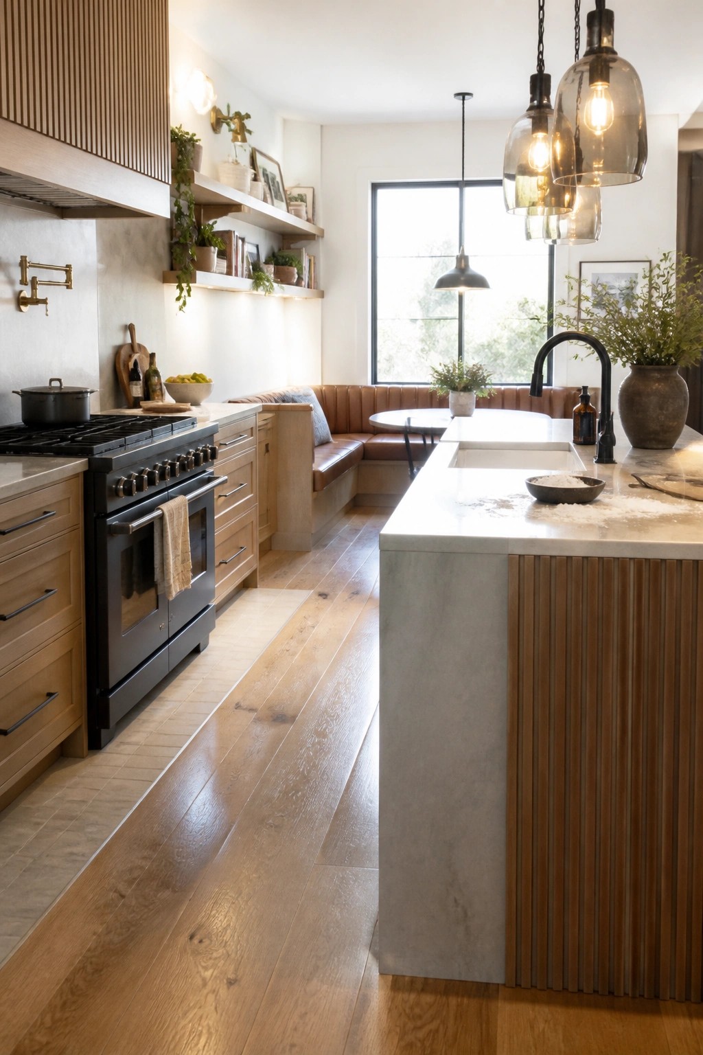 A kitchen with light hardwood flooring, a marble island, black range, and wooden cabinetry along one wall.