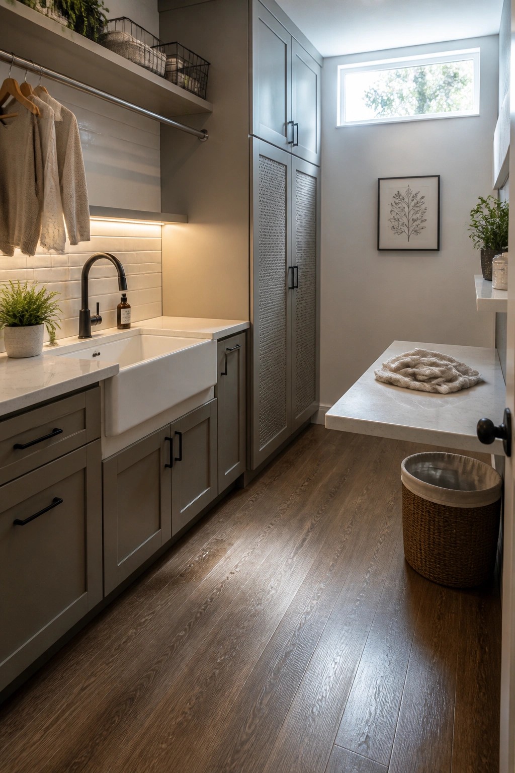 A laundry room with gray cabinetry, a white farmhouse sink, open shelving, a folding counter, and dark hardwood flooring.