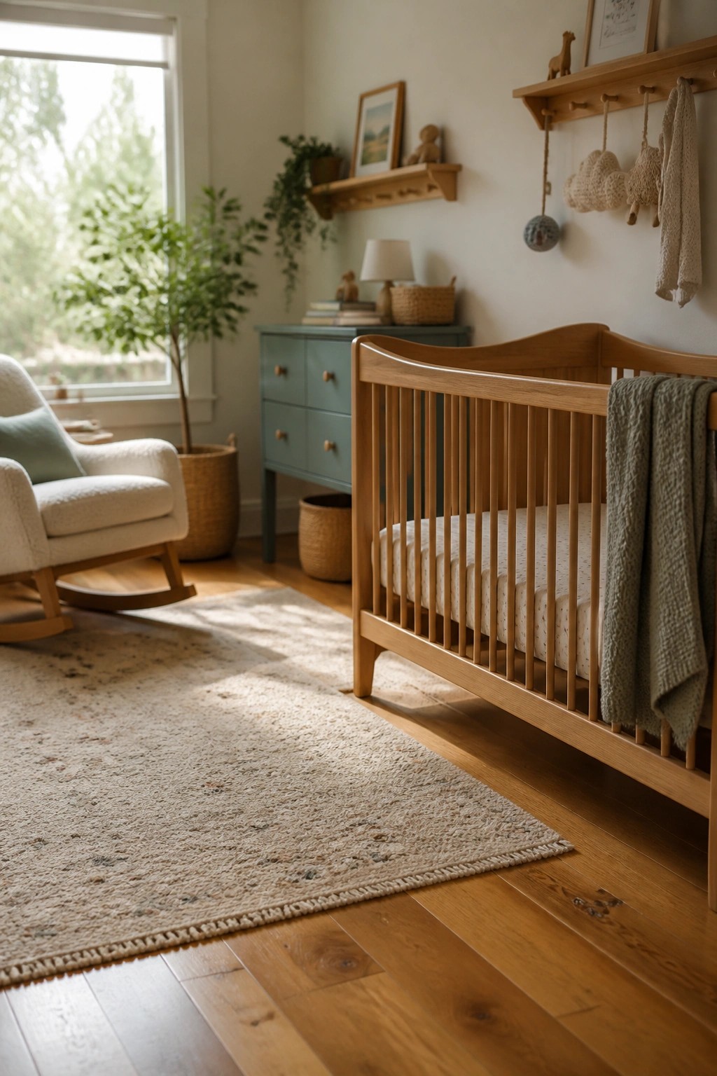 Cozy nursery with wooden crib, green blanket, rocking chair, teal dresser, and rug.