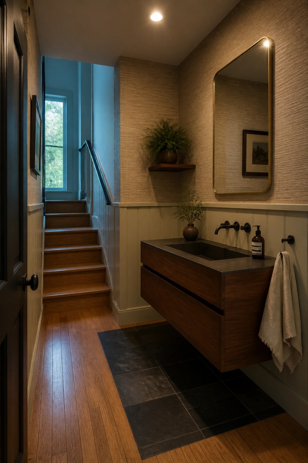 A narrow hallway with warm hardwood flooring leads past a powder room vanity with dark tile and a floating wood cabinet toward a wooden staircase.