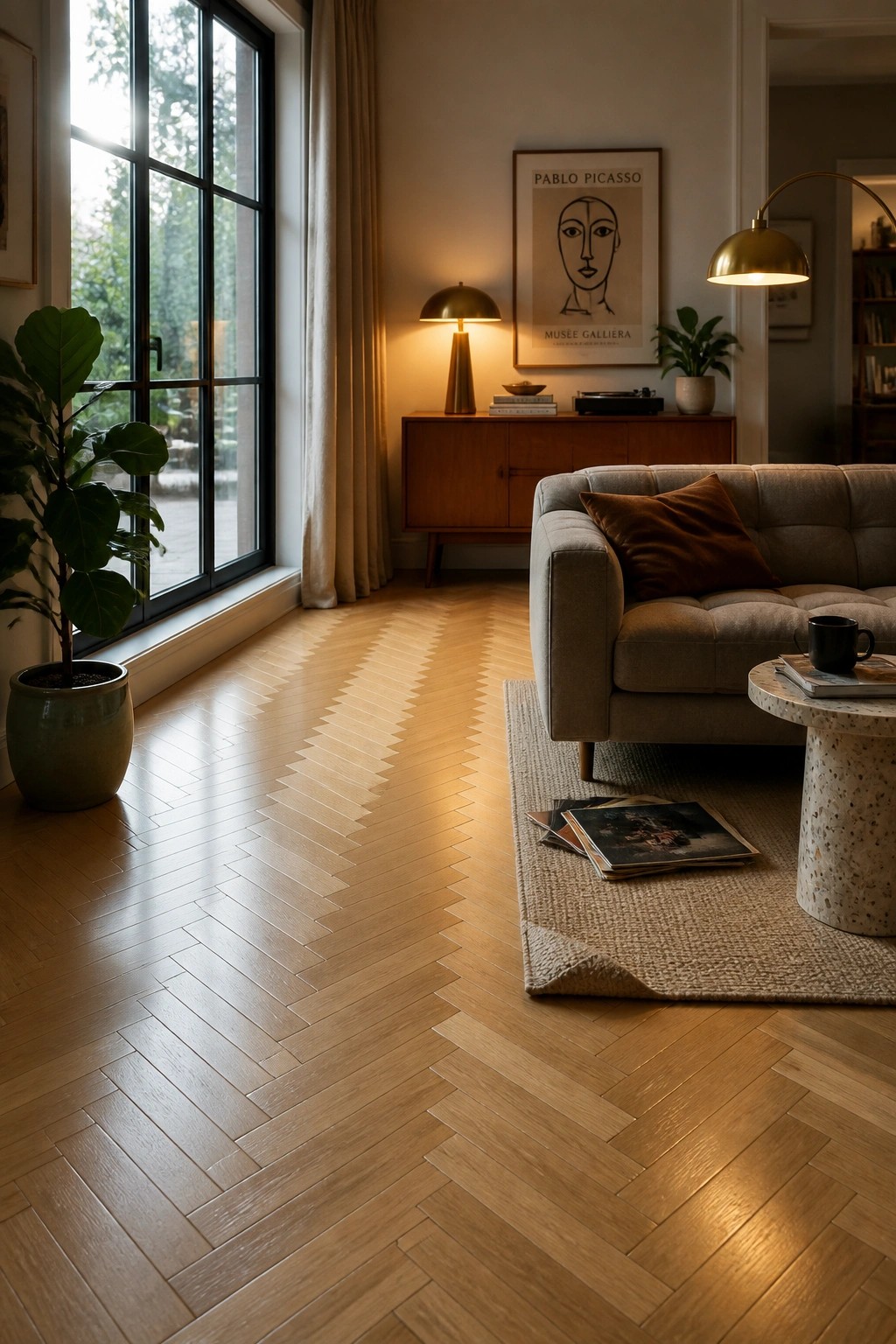 A living room featuring light herringbone hardwood flooring, a gray sofa on a rug, a large potted plant near tall windows, and a wooden sideboard against the wall.