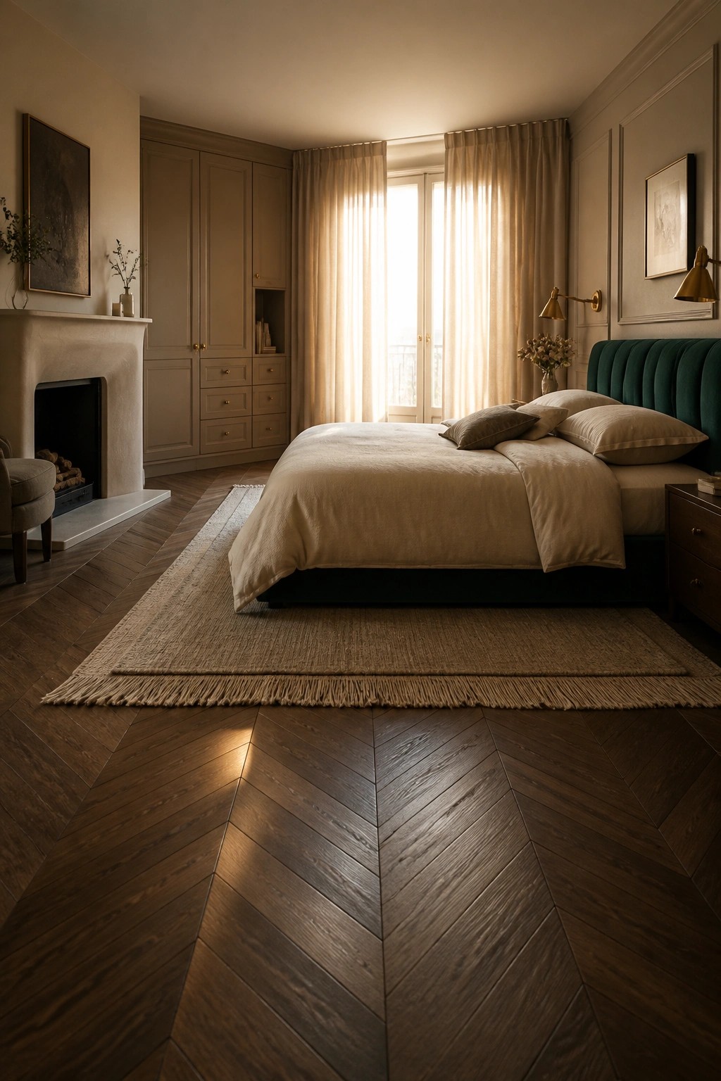 A bedroom interior showing a large bed centered on dark herringbone hardwood flooring with a fireplace on the left and tall windows with curtains on the back wall.
