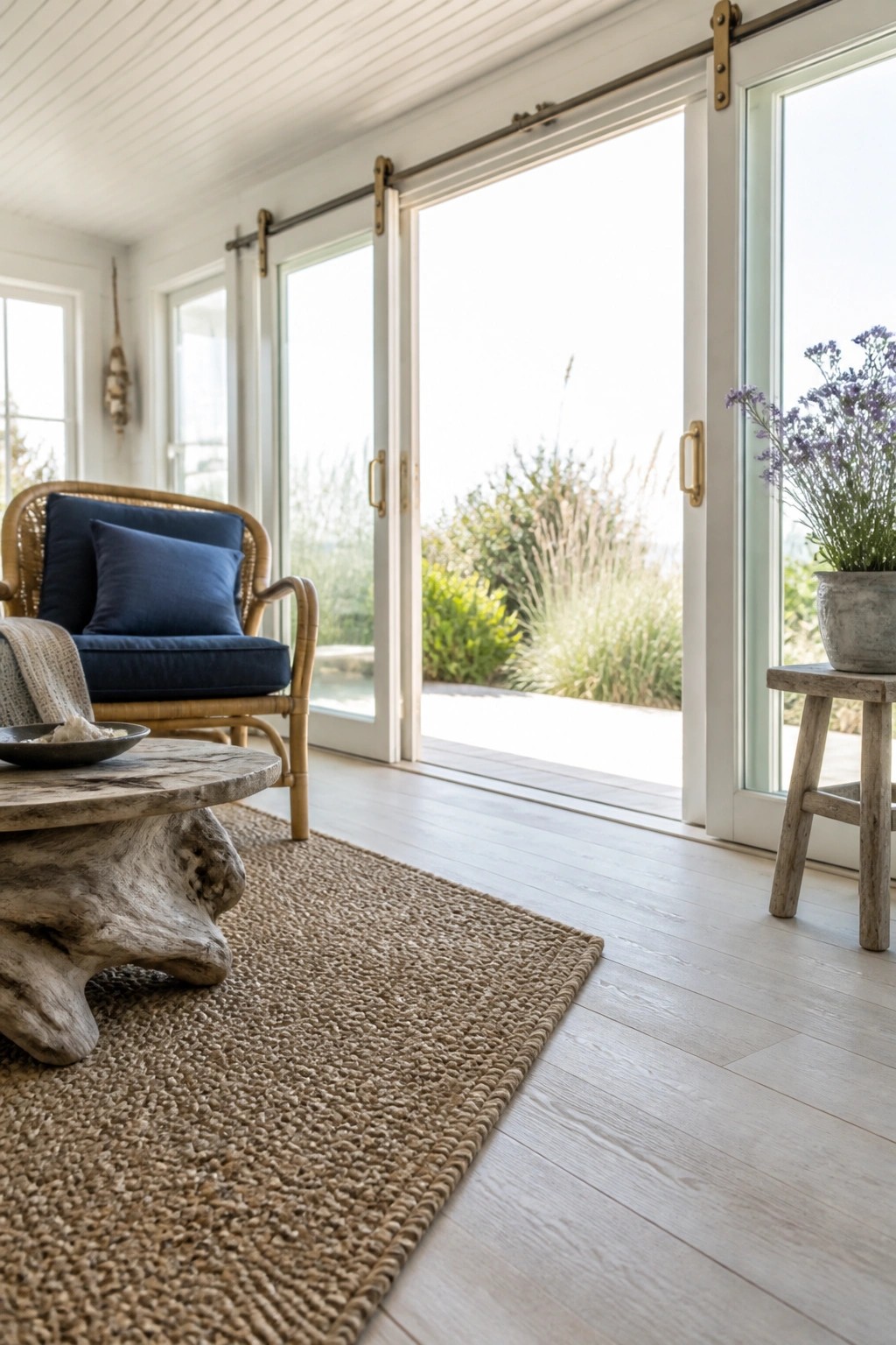 A bright interior room with light hardwood flooring, a large woven rug, a rattan chair with blue cushions, a wood coffee table, and white sliding doors open to the outside.
