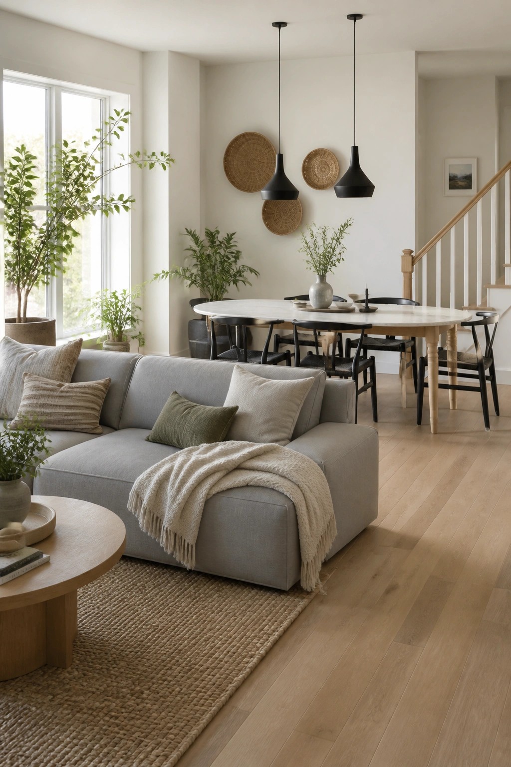 A modern living room with a gray sectional sofa, round wooden coffee table, and adjacent dining area with a marble-top table, all set on light hardwood flooring.