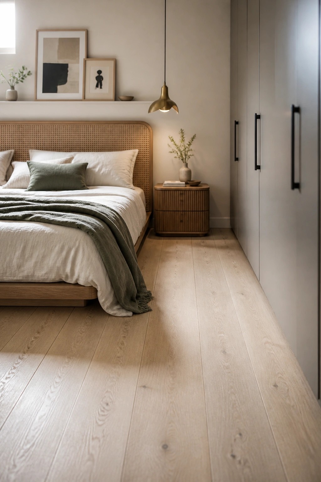 A bedroom interior with light hardwood flooring, a wooden bed frame with white and green bedding, a round wooden nightstand, and a brass pendant light.