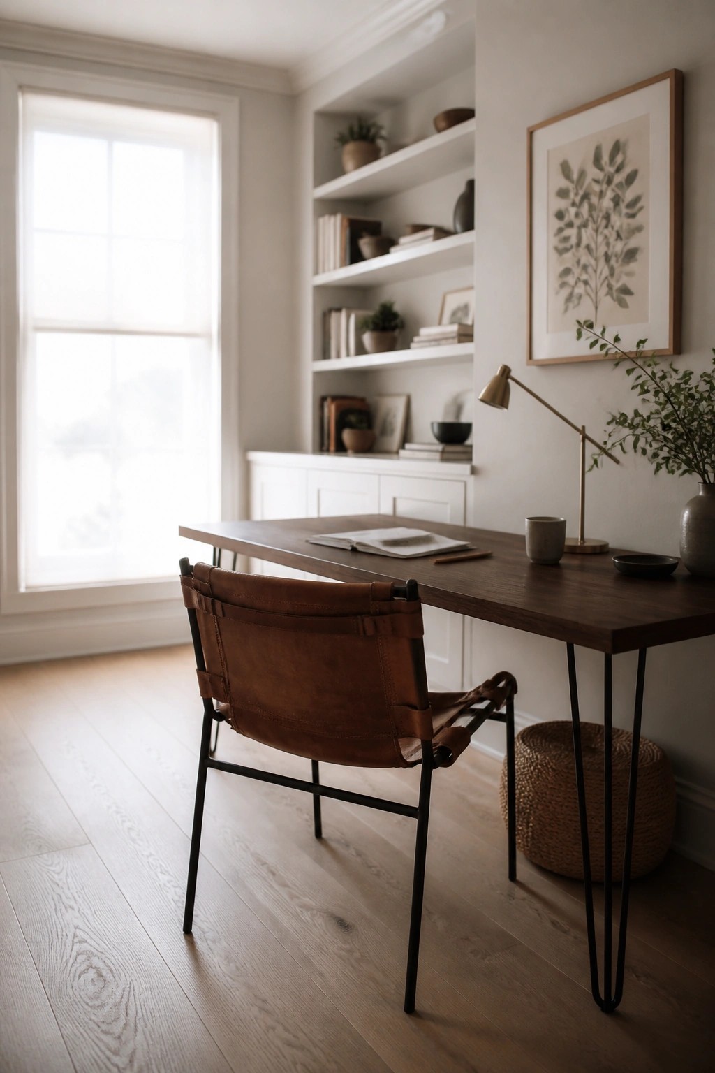 A home office featuring light hardwood flooring, a dark wood desk with a brown leather chair, built-in white shelves, and a large window on the left.