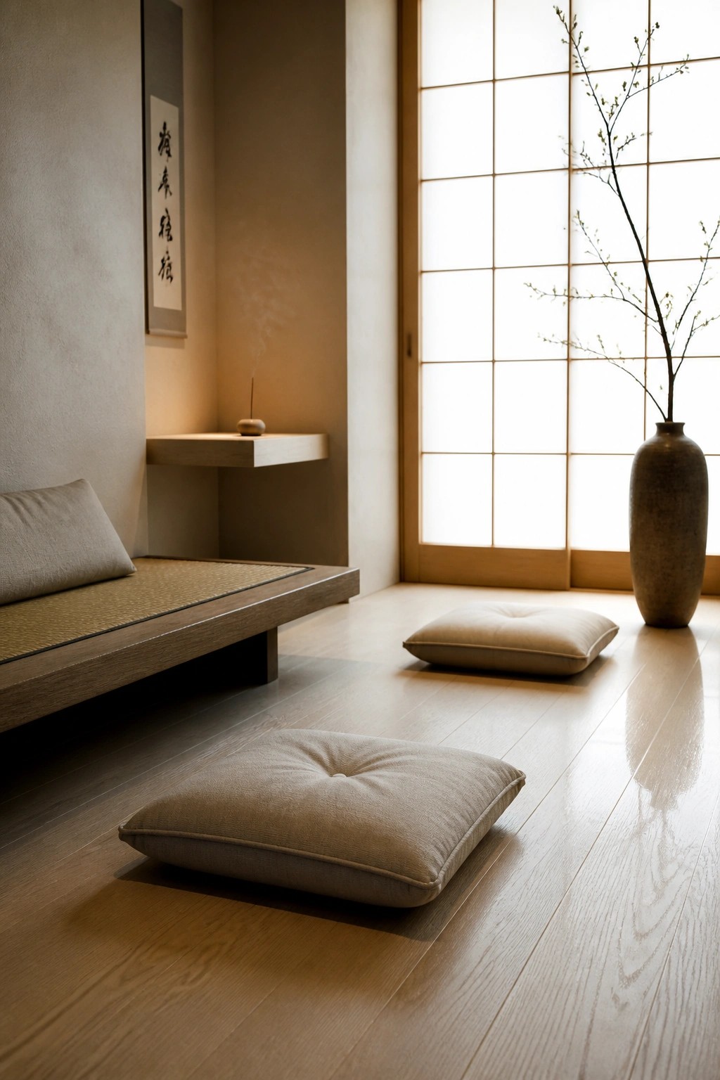 A minimalist interior with light hardwood flooring, low cushions on the floor, a wooden bench with a cushion, a floating shelf with incense, and a vase of branches near a shoji screen door.