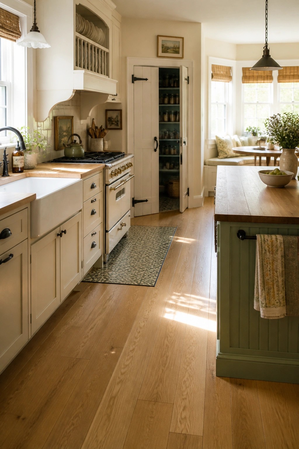 A bright kitchen with light hardwood flooring, cream cabinets, a green island, a white farmhouse sink, and an open pantry showing shelves of jars.