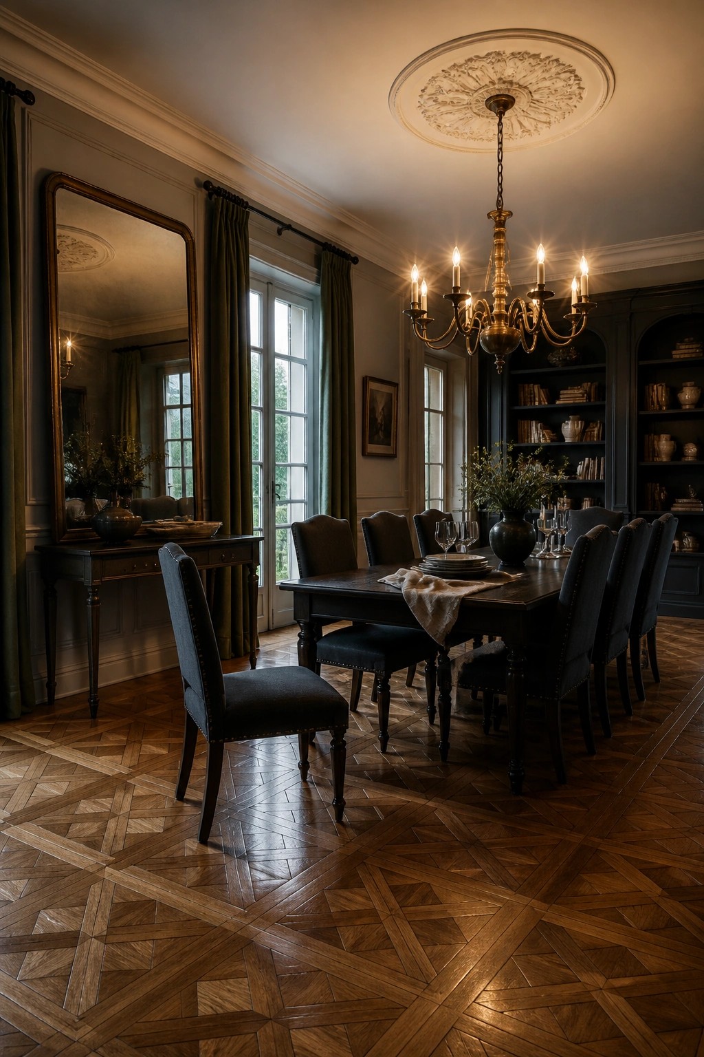 A dining room featuring an intricate dark wood parquet floor, a long wooden table with upholstered chairs, and a lit brass chandelier.