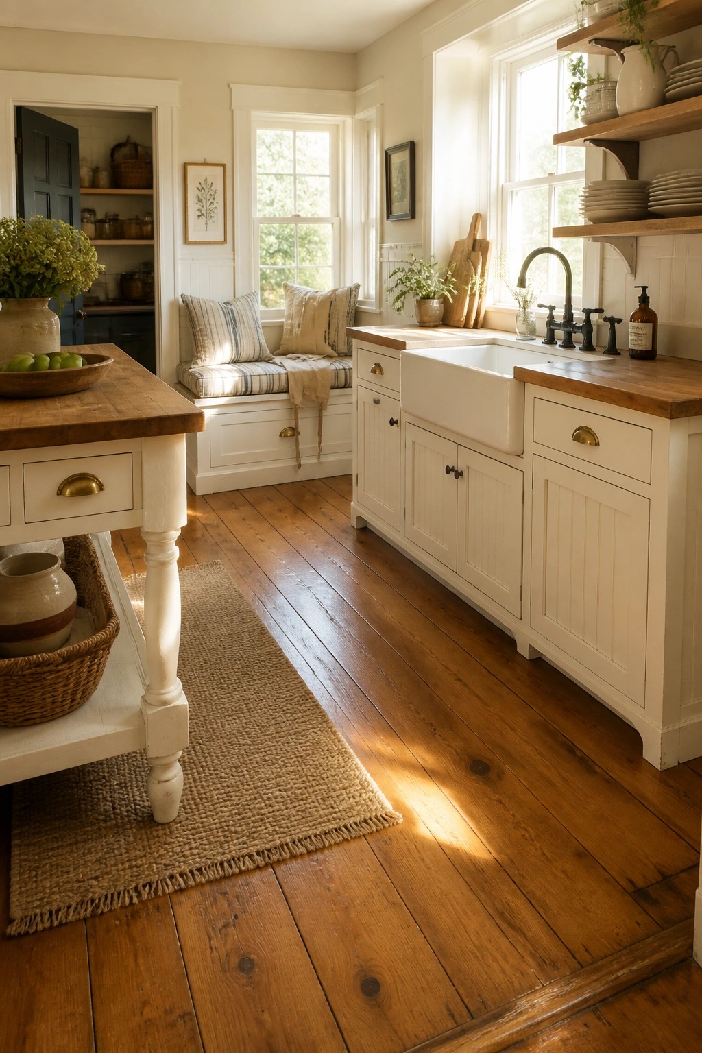 A kitchen with white cabinets, a farmhouse sink, black hardware, and wide plank hardwood flooring under a wooden island and jute rug.
