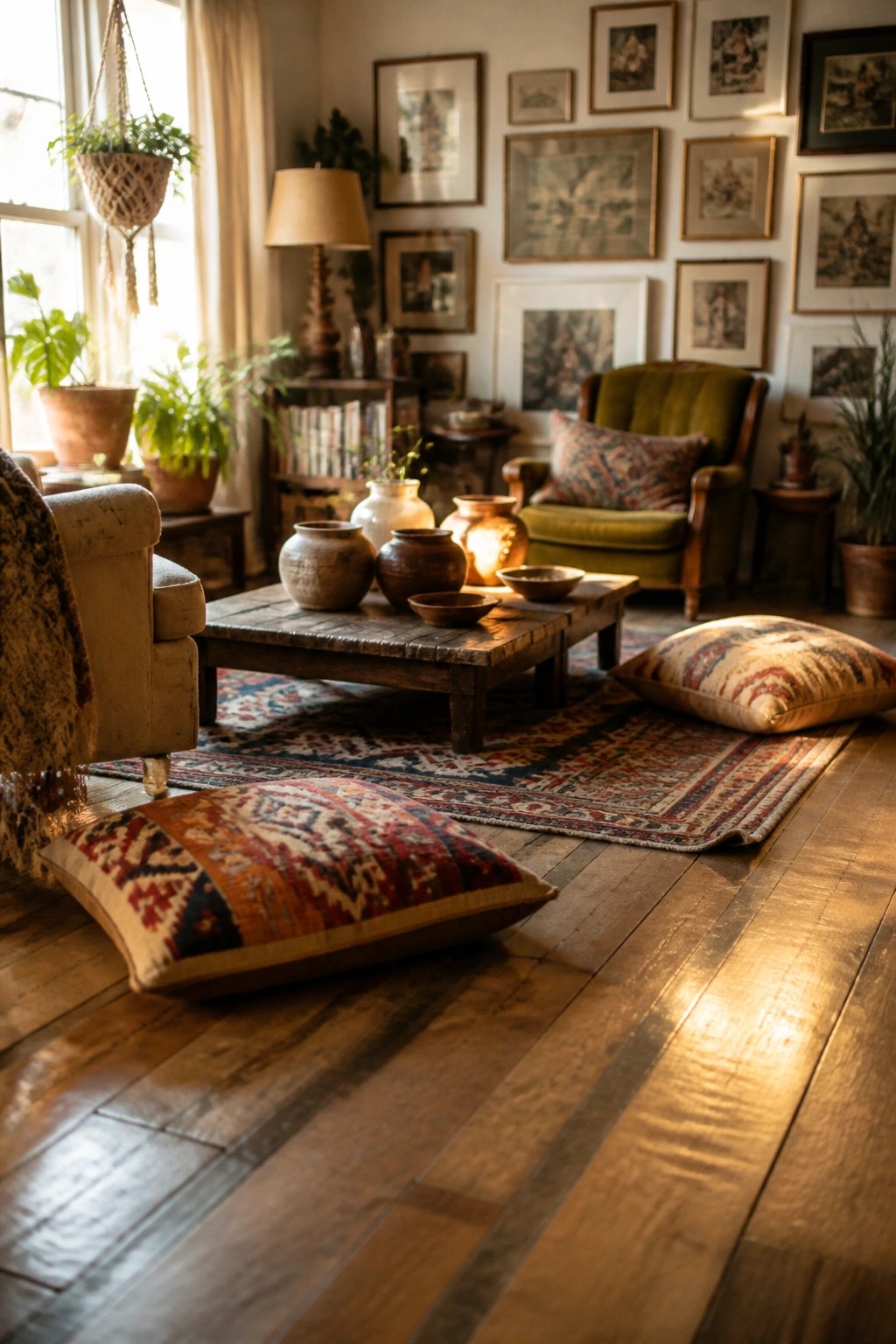 A living room interior featuring wide plank hardwood floors, layered patterned rugs, and mixed seating with upholstered chairs and floor cushions.