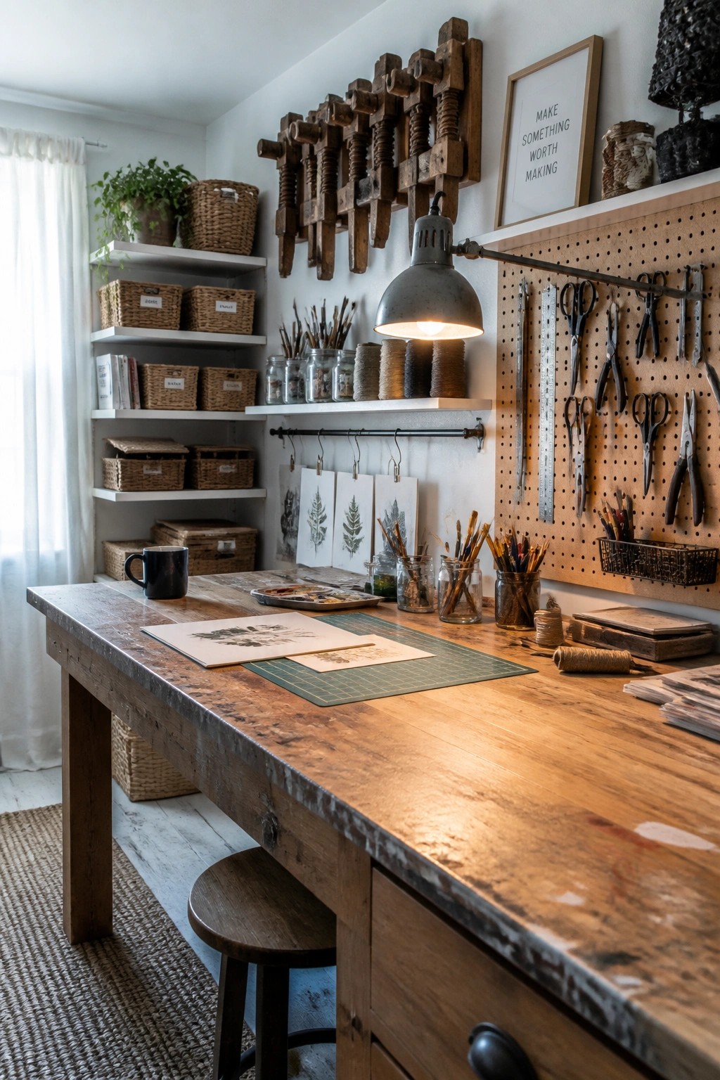 A large rustic wooden work table in a craft room with white shelves, a pegboard holding tools, and art supplies on the surface.
