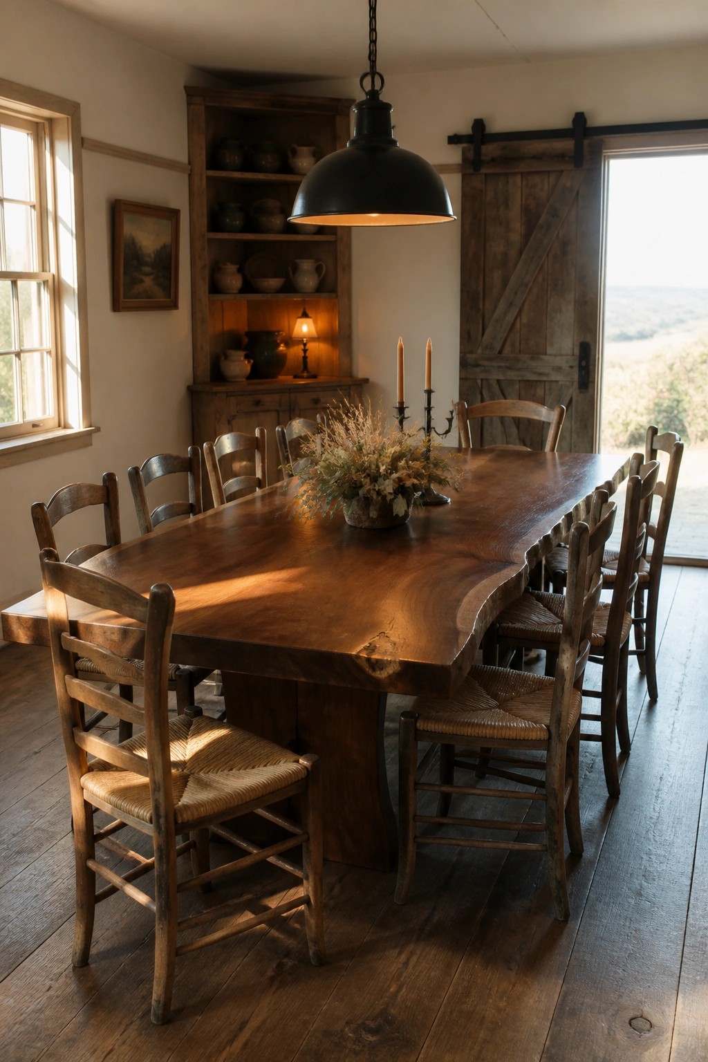 A long rustic wooden dining table with a central arrangement of dried flowers and candles, surrounded by wooden chairs with woven seats, in a sunlit room with open shelving and a large black pendant light.