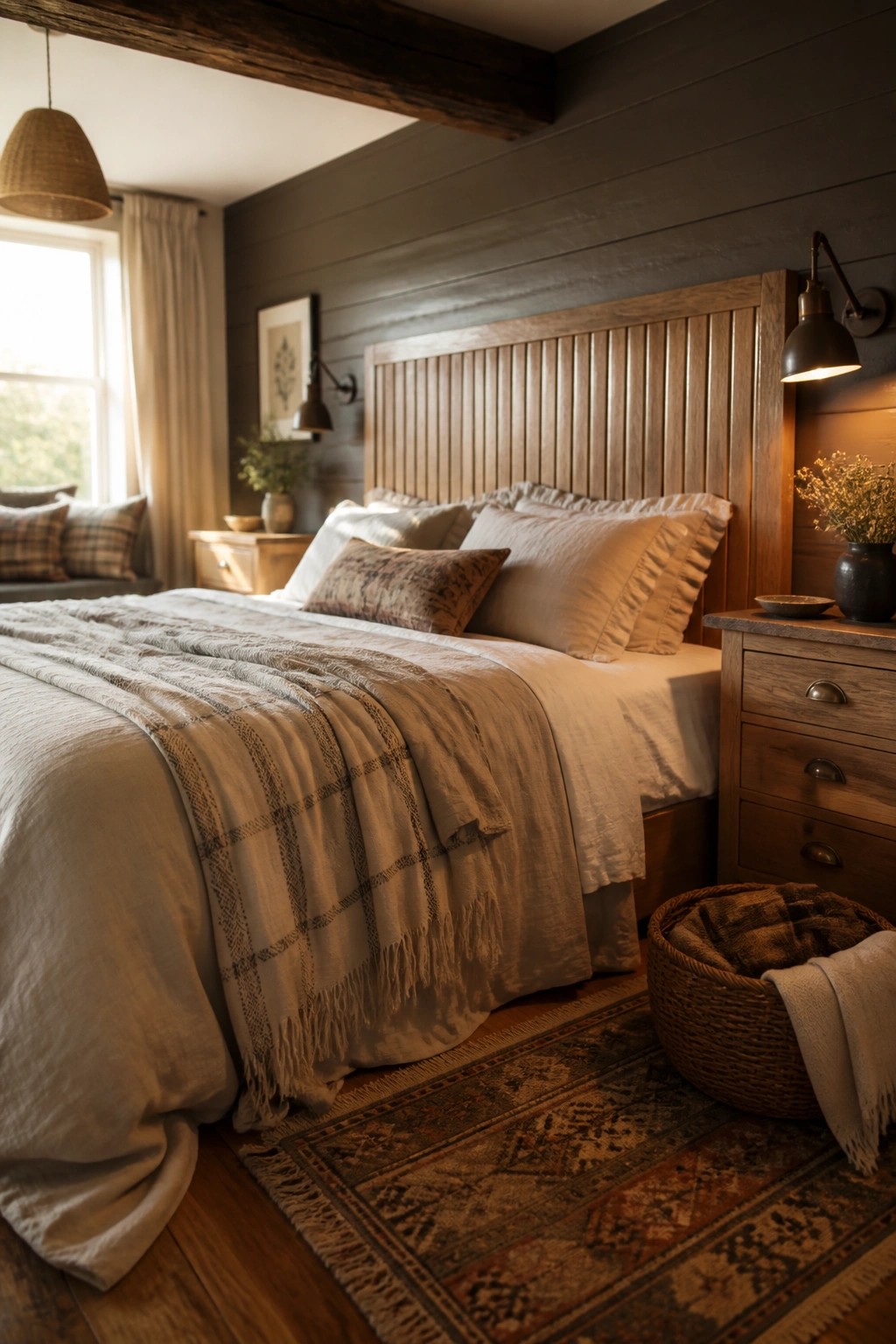 A bedroom with a tall wooden headboard, neutral layered bedding, and a patterned rug on the floor.