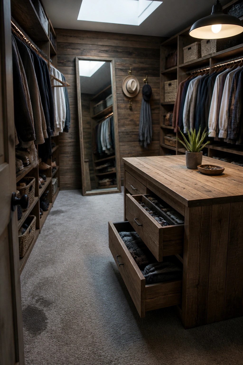 A rustic wood walk-in closet featuring a central island with multiple open drawers holding folded clothing and hanging rods along both sides.